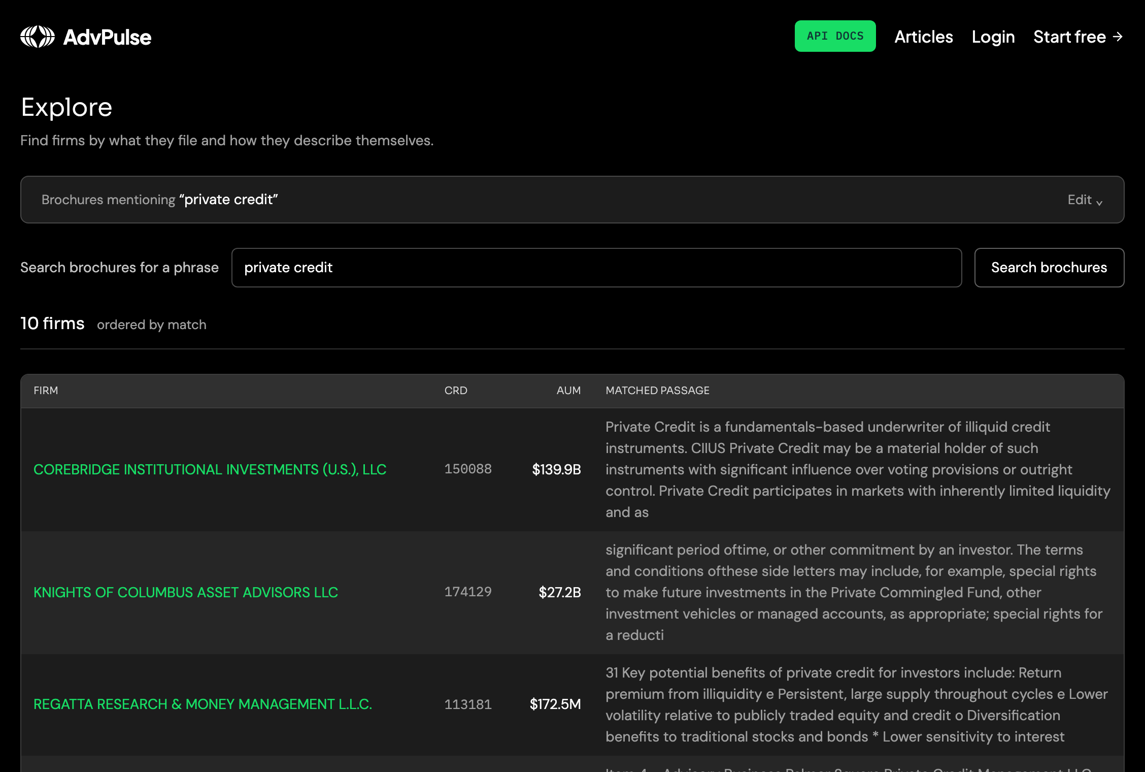 The public Explore page on advpulse.ai with the brochure search set to "private credit", showing ten firms ordered by match with the matched passage beside each